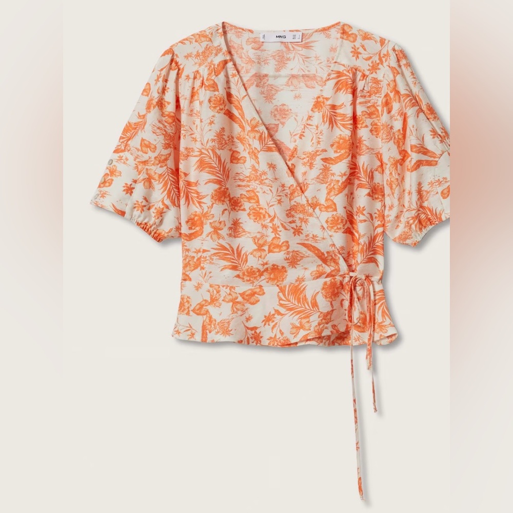 MANGO. NWT. White and orange Wrap printed blouse. Size 14.